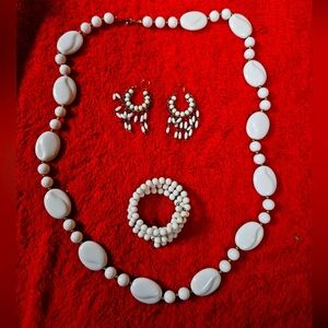 Handmade Plastic White Bead Necklace Bracelet And Earrings Matching Set